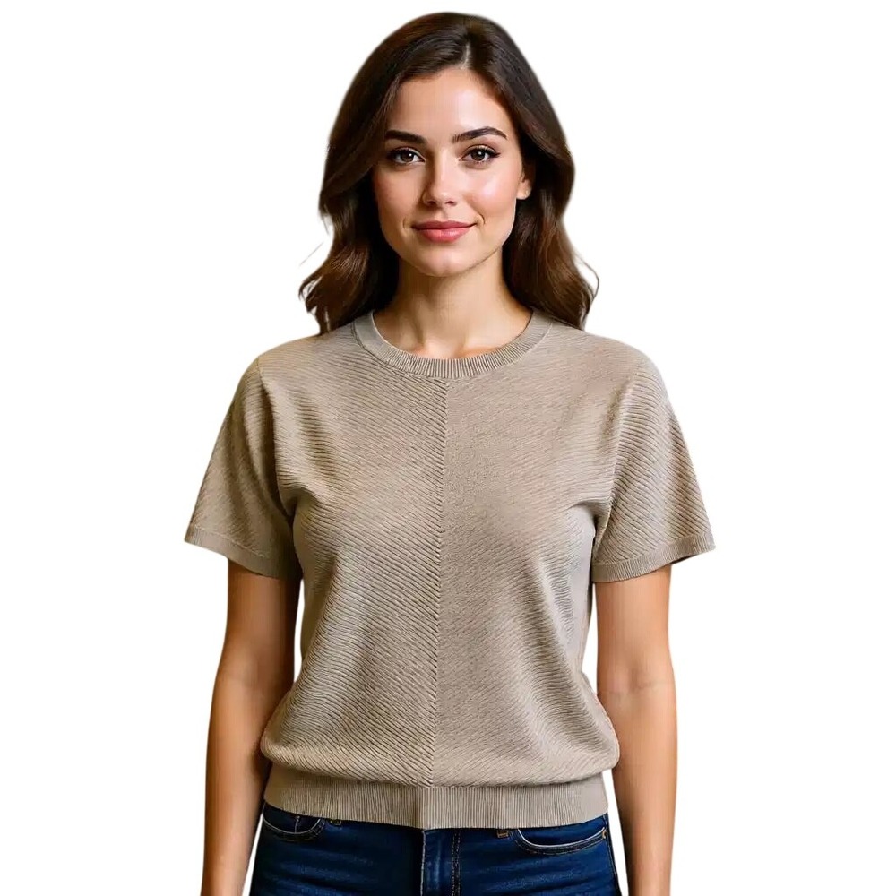 Cyrus Womens Beige Ribbed Chevron Short Sleeve Dolman Sweater Top Size Large NWT